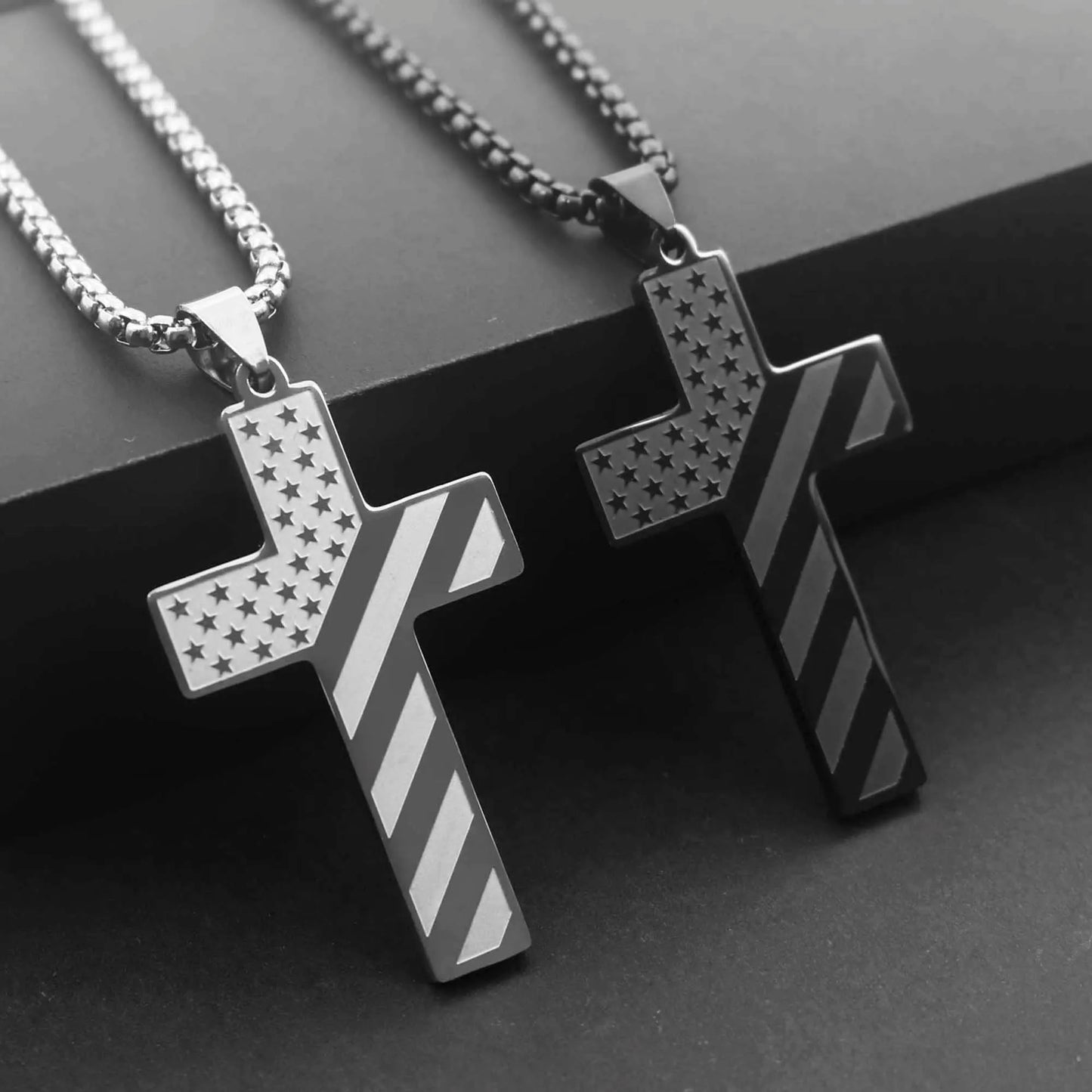 Stainless Steel USA Flag Cross Necklace