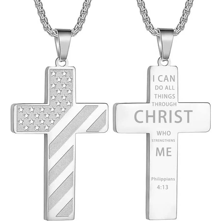 Stainless Steel USA Flag Cross Necklace